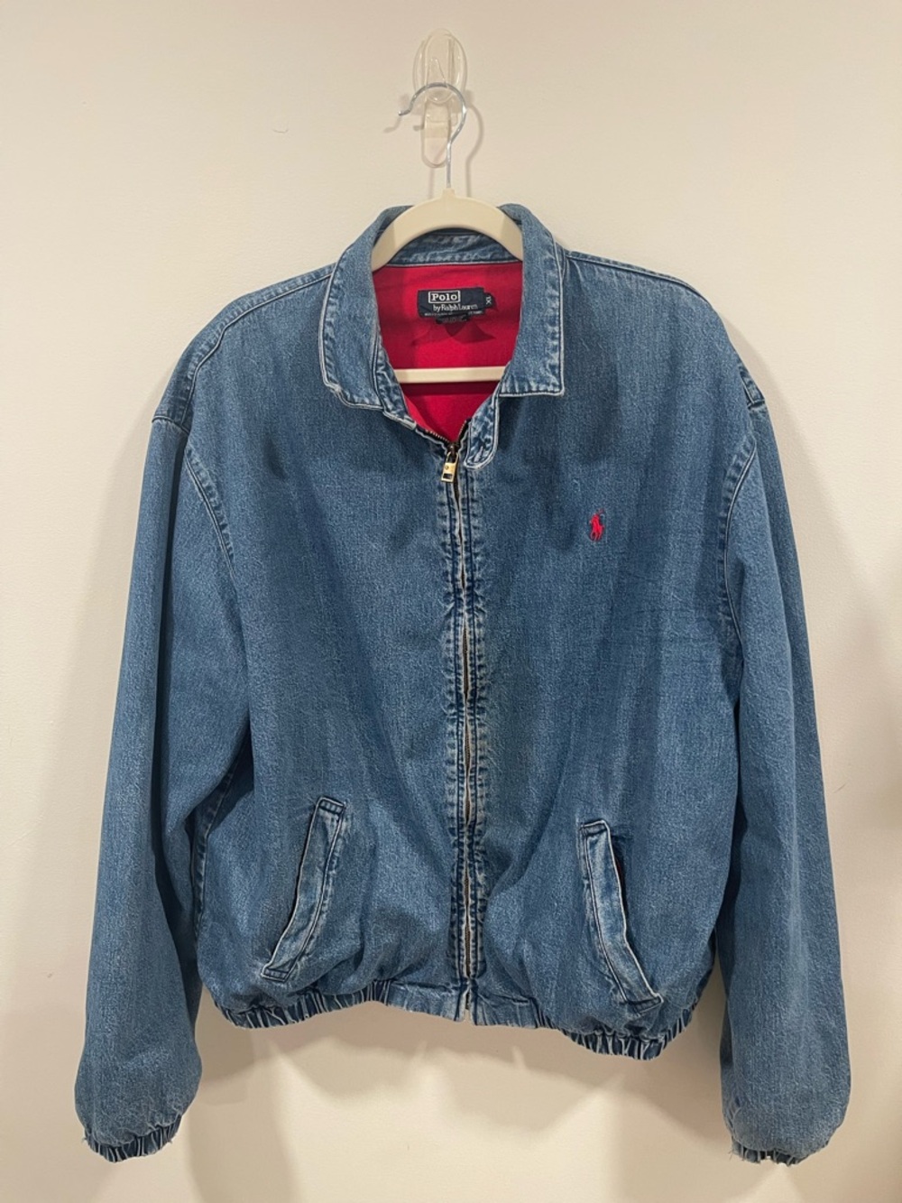 Vintage polo Ralph Lauren Denim bomber Jacket with Red flannel Interior